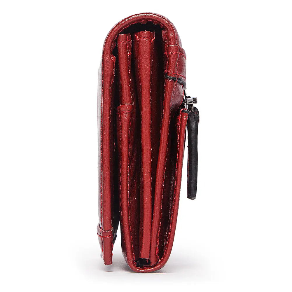 KAVIS Cartera de cuero genuino de marca de lujo para mujer, embrague largo con bolsa para teléfono celular, RFID, moda, rojo, tarjetero, bolso