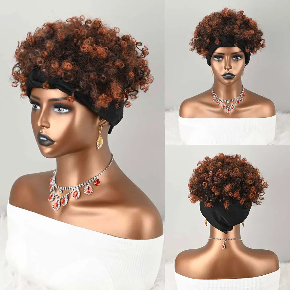 Afro Curly Puff Headband Wig, Reddish Brown Ombre Synthetic Fiber Hair Wig, No Glue Turban Wig for Daily Wear