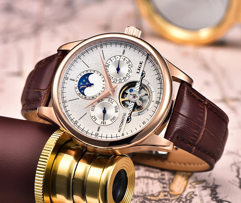 LIGE Relojes para hombre Reloj mecánico automático Reloj Tourbillon Piel auténtica Reloj impermeable Reloj de pulsera militar para hombre