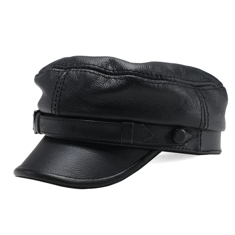 Chapeau de marque de luxe pour femmes et hommes, casquette militaire noire en cuir véritable, casquette d'étudiant plate et réglable, casquette de capitaine pour l'automne et l'hiver