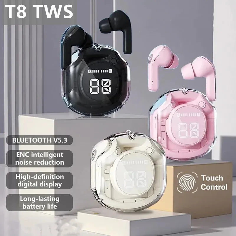 Écouteurs intra-auriculaires Bluetooth T8 PRO TWS transparents avec affichage numérique LED, sans fil, pour Xiaomi, Huawei, iPhone