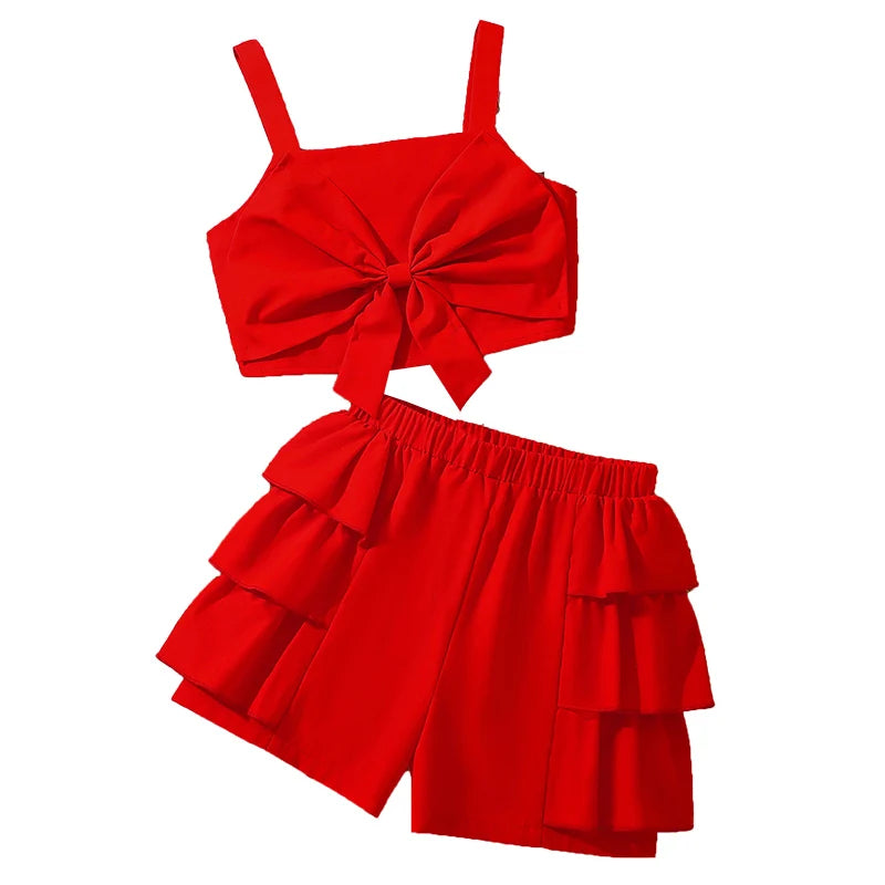 kids Clothing Sets For Girls Red Sleeveless Square Collar Ruffled Bowknot Elastic-Waist 8-12 Years Summer Fashion Sweet Style