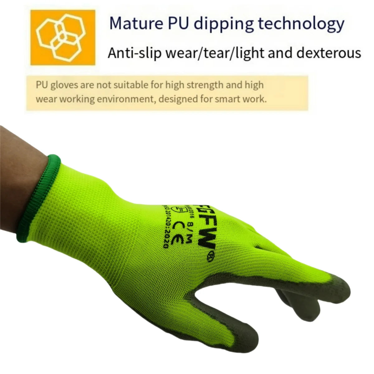 Lot de 10 paires de gants de travail enduits de PU - Gants de sécurité légers et résistants, certifiés EN 388/ISO 20471, tailles S/M/L/XL