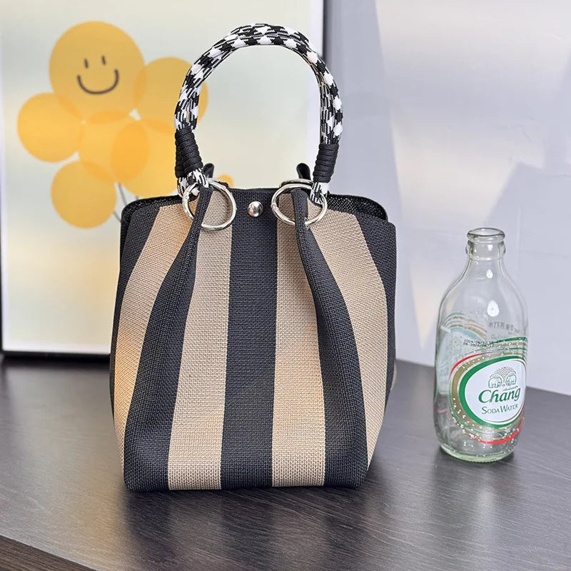 Metal Ring Handbag Fashionable Women'S Bucket Bag Knit Tote Bag Spacious Color Block Handbag For Leisure Travel Daily Commuting
