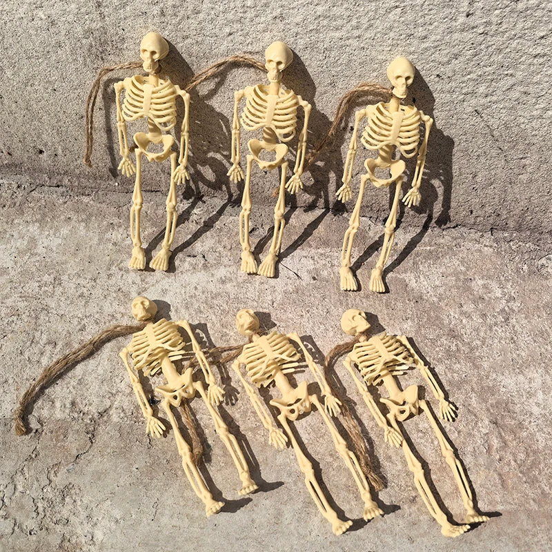 6pcs Scary Hanging Skeleton with Ropes Halloween Party Decoration Plastic Skull Home Garden Haunted House Props Kids Toy Gifts