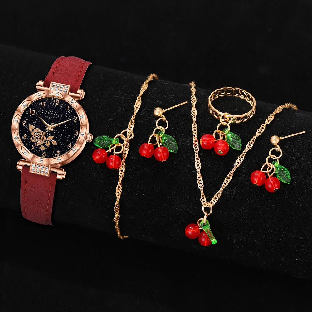 Set de 6 piezas de reloj y joyas para mujer en color rojo: Elegante, divertido y perfecto para regalar