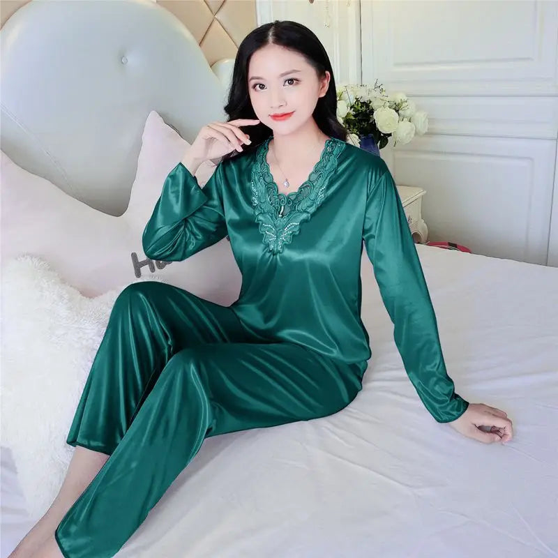 Women's Pajamas Set Summer Long Sleeve And Pants Pyjamas Two-piece Set Pajama Ice Silk Satin Sexy Sleepwear Home Suit Loungewear