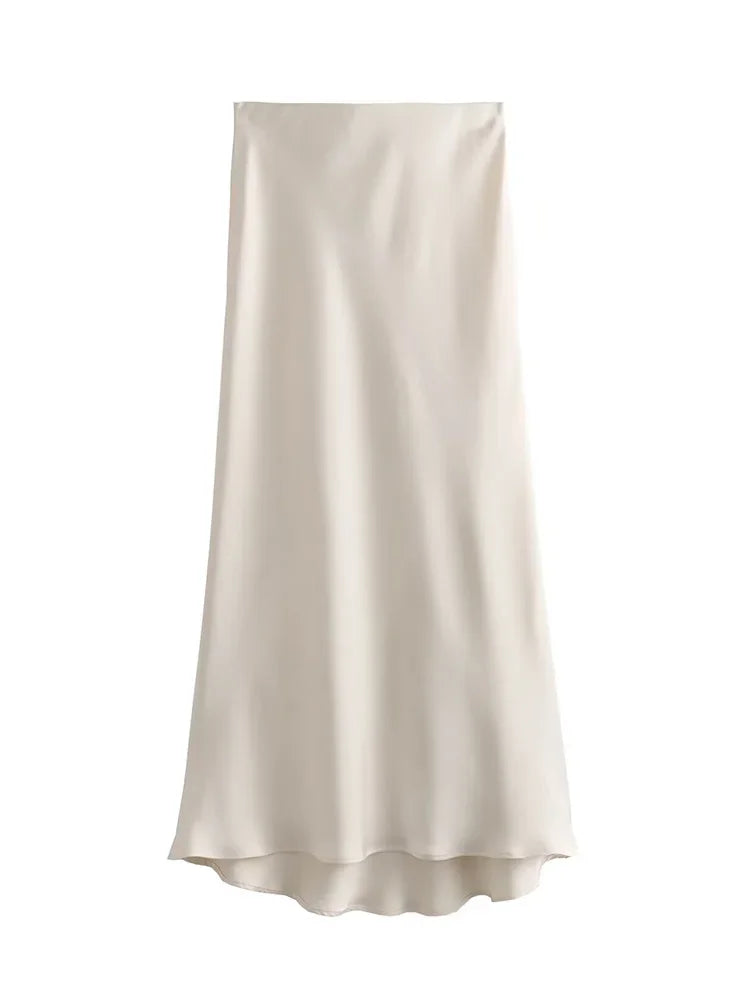 Willshela Falda de satén negra para mujer, falda larga elegante de cintura alta para mujer, falda midi de moda de verano, faldas de oficina para mujer