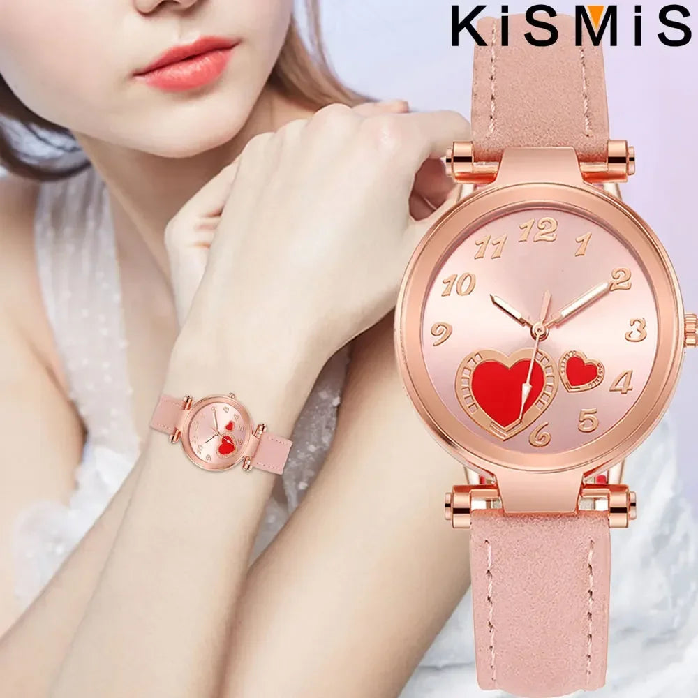Reloj de moda para mujer, reloj de cuarzo con corazón de durazno para mujer, correa de cuero esmerilado, reloj de pulsera para mujer, reloj de vestir informal, regalo para ella