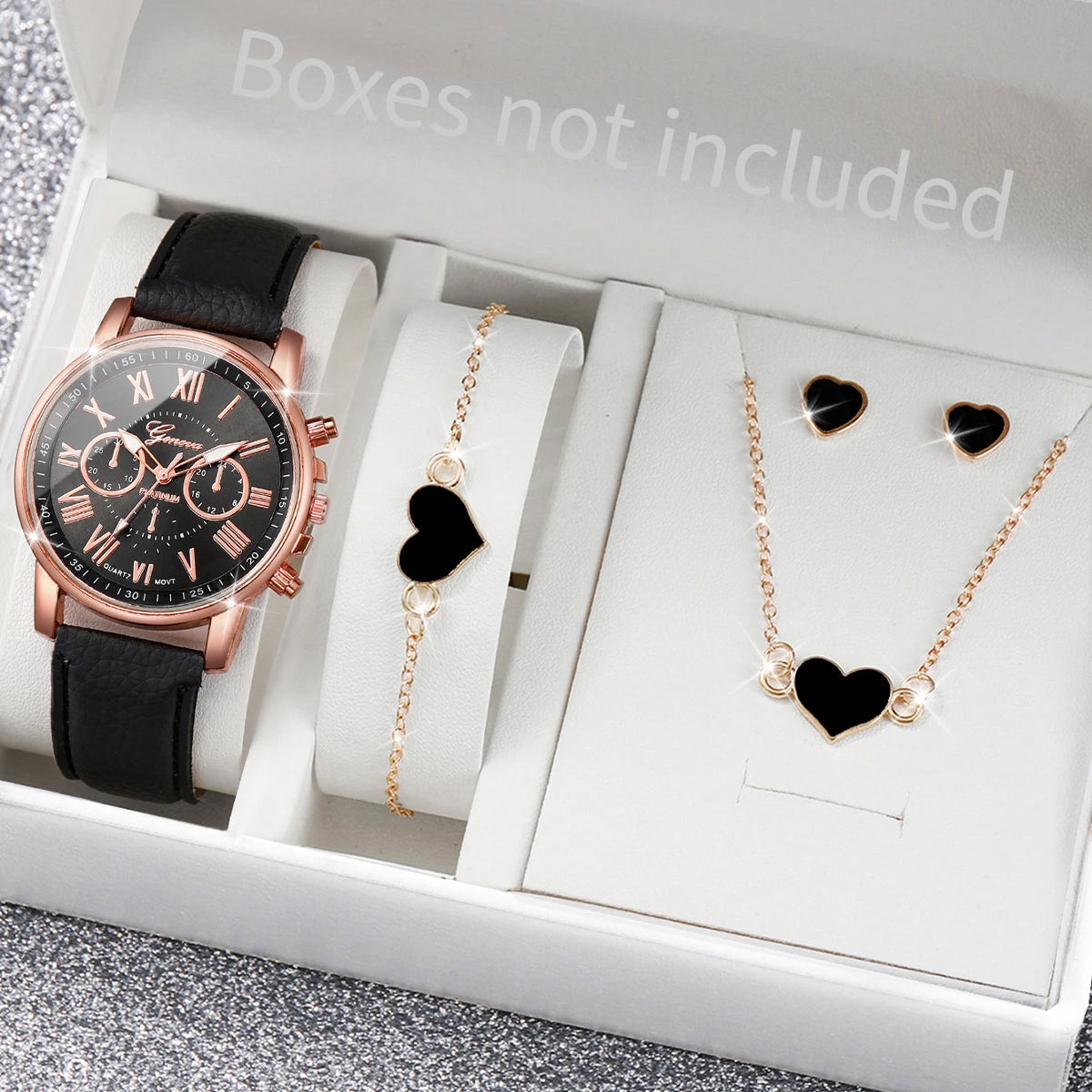 5/6PCS Reloj de cuarzo de moda para mujer, correa de cuero, relojes de pulsera analógicos, conjunto de joyas con corazón de diamantes de imitación (sin caja)