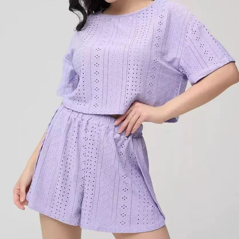 Conjunto de pijama de dos piezas para mujer, cuello redondo, manga corta, tops holgados casuales, pantalones cortos de salón, cintura elástica, color liso, trabajo, verano