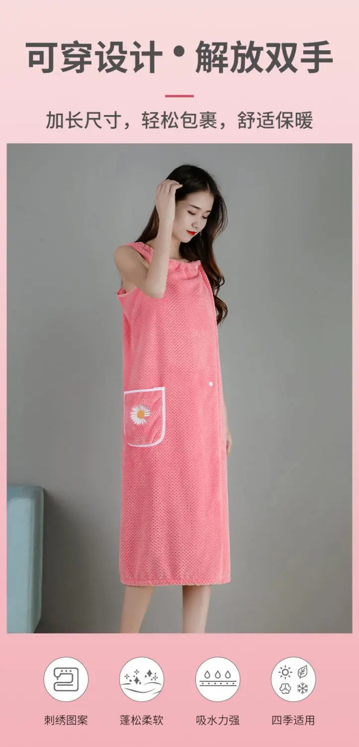 Toalla de baño para el hogar, ropa de mujer, adultos, absorbente de agua, de algodón puro, para secar el cabello, falda, estilo largo, bata de baño lavable