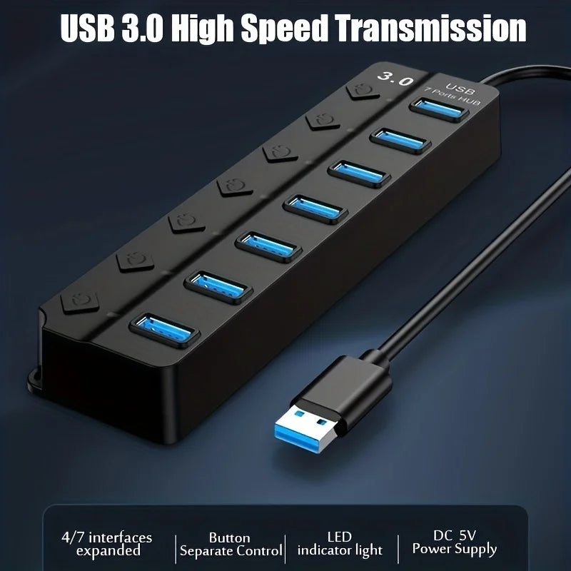 Concentrador USB 3.0 de 4/7 puertos con indicador LED, control de interruptor independiente para laptop, unidad flash, disco duro, impresora, cámara, teclado