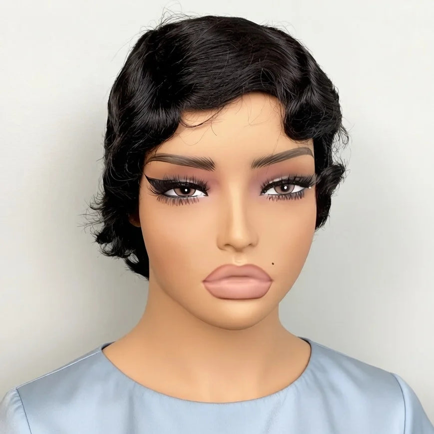 Finger Wave Human Hair Wig Short Pixie Cut Wig for Women Machine Made wig