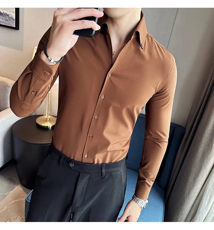 Camisa de vestir de hombre Otoño Estilo británico Liso Casual Ajustado Formal Camisas Cuello en V Manga Larga Camisa Ropa de hombre Streetwear
