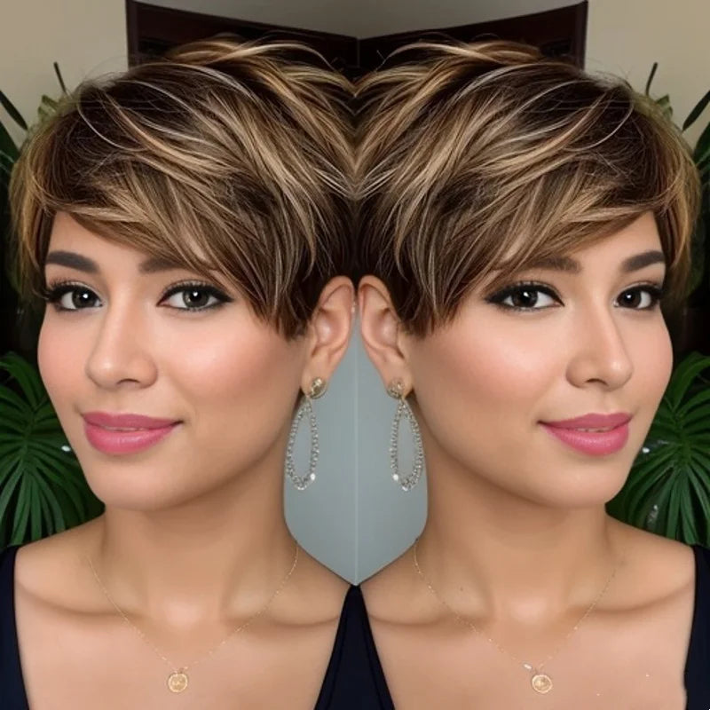 Short Brown Highlights Human Hair Full Machine Made Pixie Cut Wig for Black Women