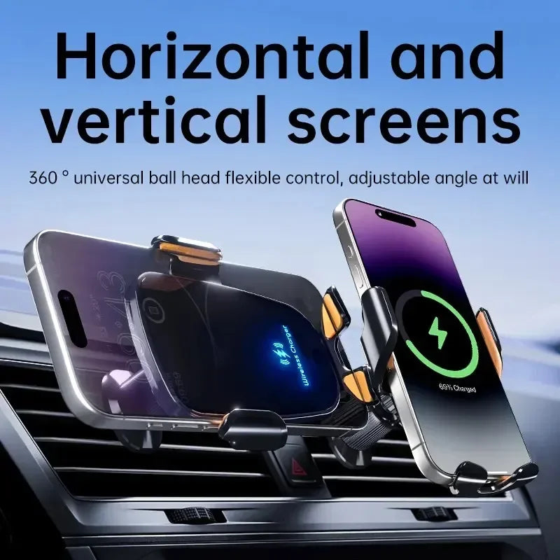 UYUXIO Cargador Inalámbrico Rápido de 15W para Coche con Abrazadera Manual, Soporte para Teléfono de Rejilla de Ventilación para iPhone, Samsung y Teléfonos Android
