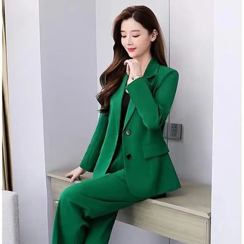 Damemote Profesjonell Dress Koreansk Elegant Vår Høst Nye Uformelle Blazere Kåpe + Bukser Todelt Sett Kvinneklær