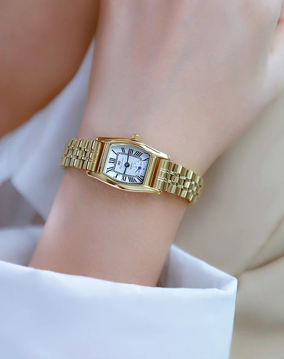 Relojes para mujer, elegante, vintage, rectangular, para dama con correa pequeña de cuero marrón, a la moda, dorado, de cuarzo, reloj de pulsera para mujer 2025