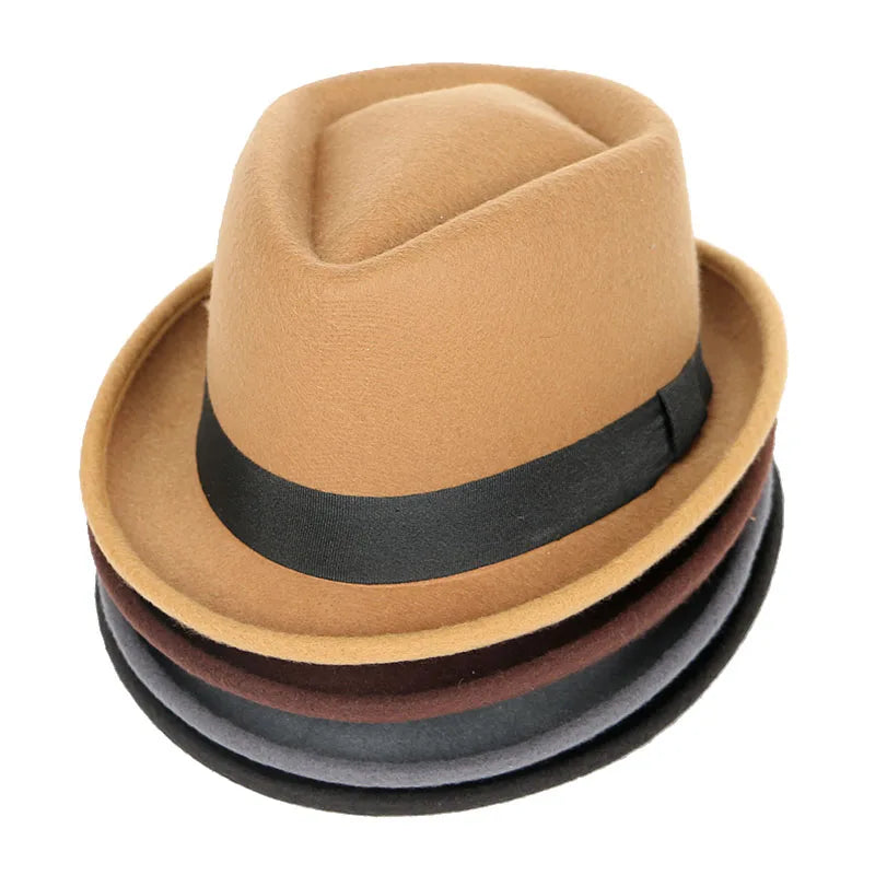 Klassisk Fedora-hatt for menn Mote Høst 2025 Ensfarget Vinter Kortermet Fedora Jazz Topphatter Dame Svart Gentleman Filtlue