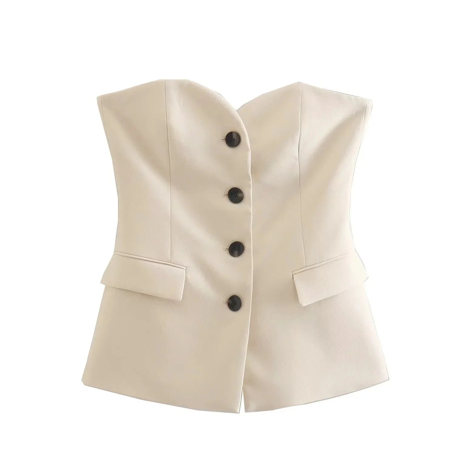 Traje de pantalón elegante sólido para mujer, tops sin tirantes sexy con botones delanteros + conjunto de pantalón con aberturas laterales, moda urbana femenina