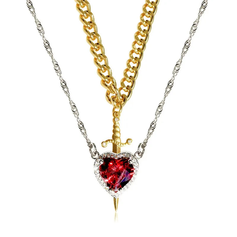 Collar de corazón y espada Collares para parejas Anillo de cristal de circonita Pulsera Conjunto de joyas para regalos románticos del Día de San Valentín