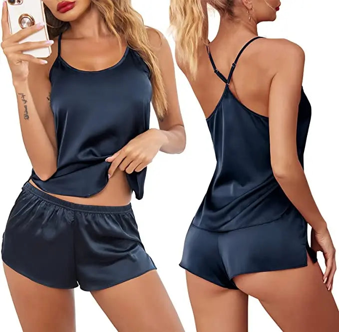 Conjuntos de pijama de satén y encaje sexy para mujer, ropa de dormir, tops sin mangas + pantalones cortos, conjuntos de 2 piezas de pijama para mujer