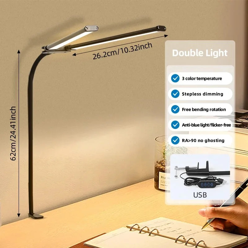Lámpara de Escritorio LED de Uno o Dos Cabezales con Atenuación Continua, 3 Colores, Cuidado Ocular para el Hogar, Oficina, Luz de Lectura, Lámpara Flexible Ajustable
