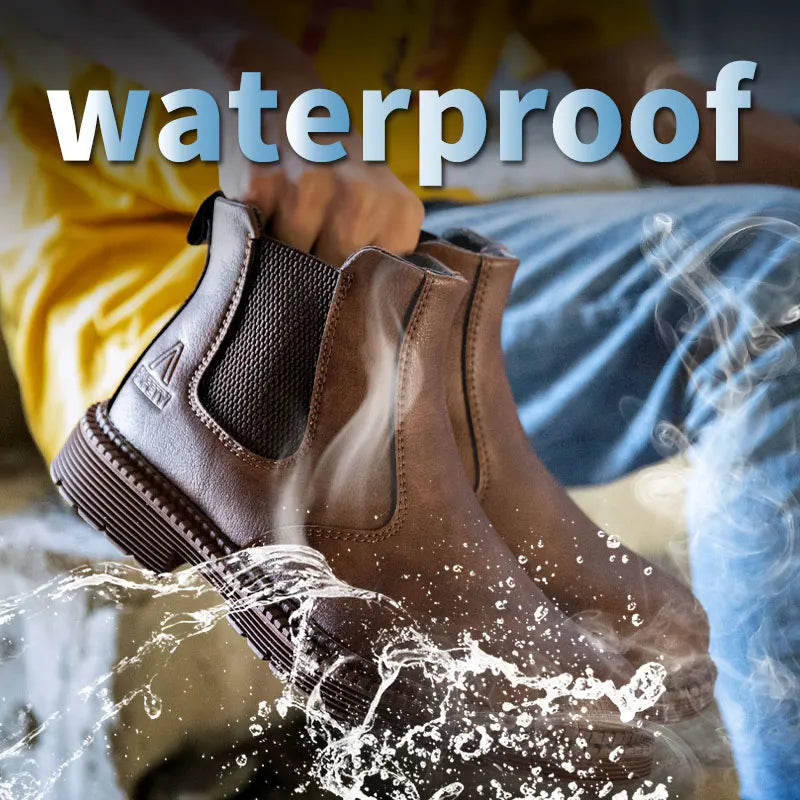 Zapatos de seguridad impermeables para hombre, botas de cuero con punta de acero, calzado masculino, botas de trabajo de construcción indestructibles, color marrón