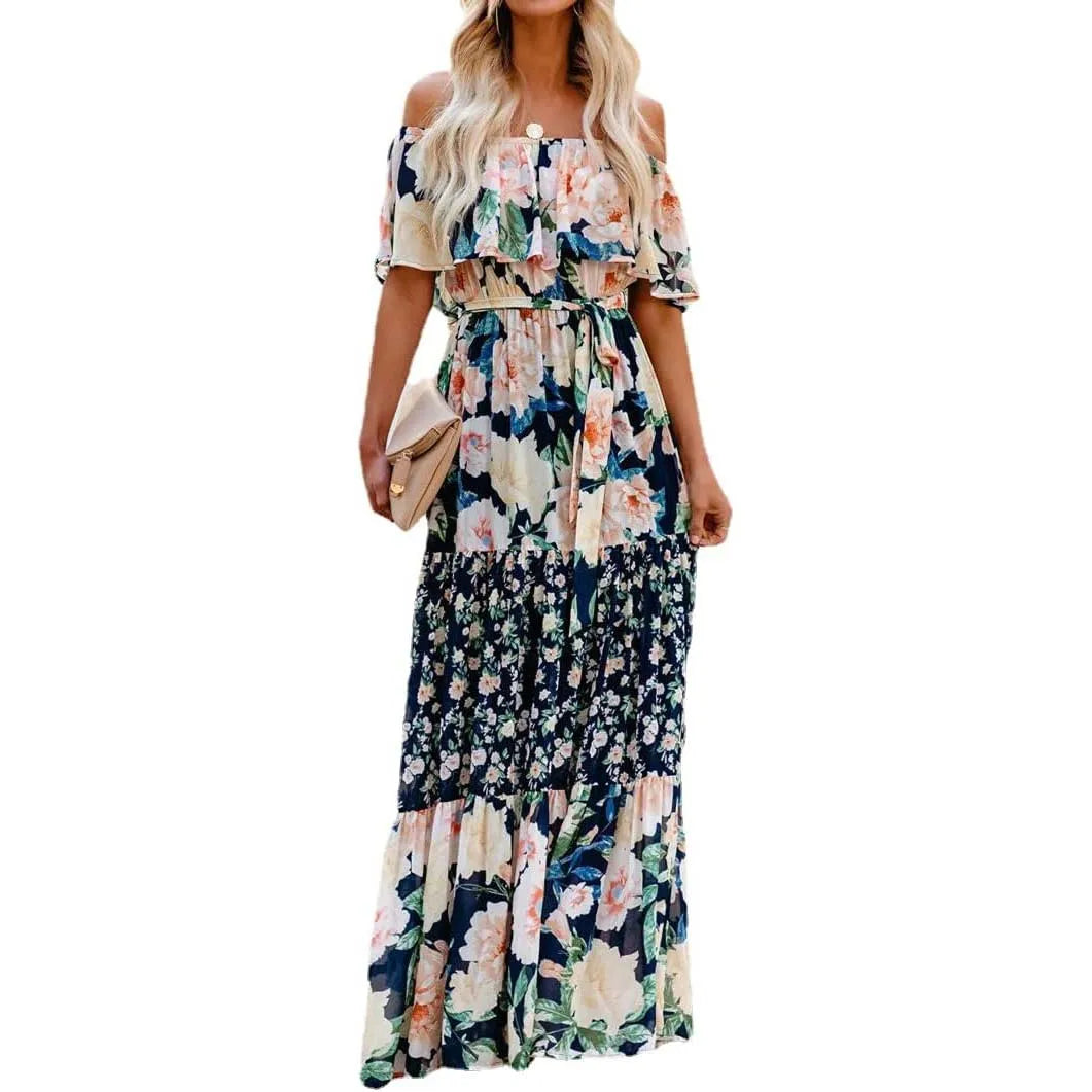 Vestido mexicano tradicional étnico mexicano del Cinco de Mayo con estampado floral de verano y hombros descubiertos para mujer