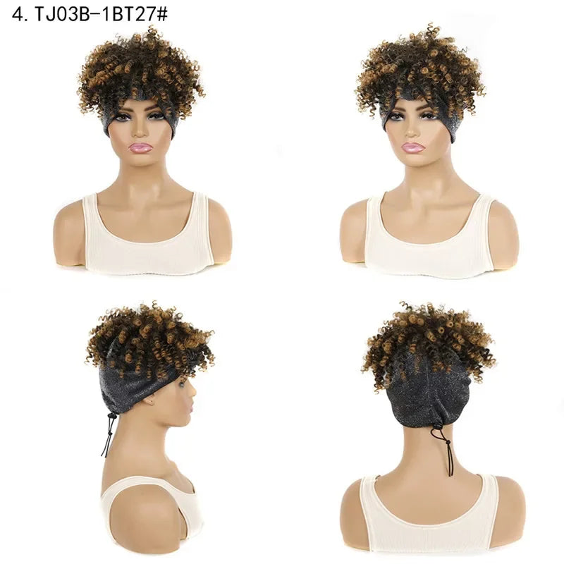 Fluffy Headband Wigs for Black Women Short Afro Kinky Curly Headwrap Wig High Temperature Natural Synthetic Headband Scarf Wig