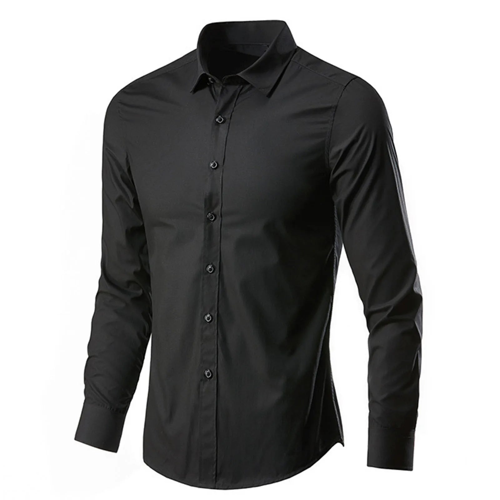 Camisa de vestir de negocios para hombre, de lujo, informal, social, formal, con solapa, manga larga, corte ajustado, color liso