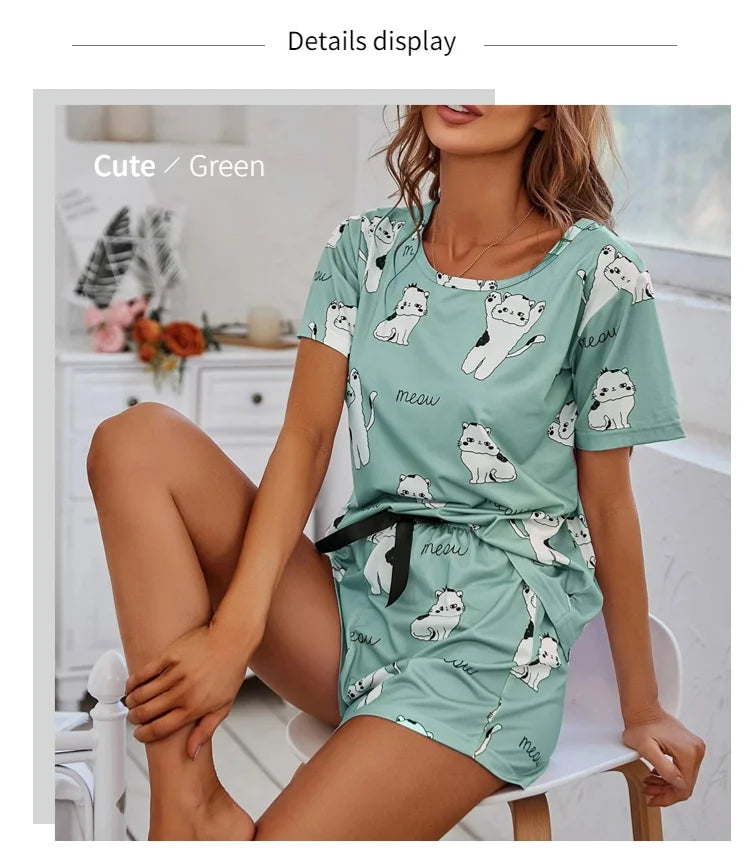 Pijamas de Mujer Conjuntos de Manga Corta Parte Superior y Pantalones Ropa de Dormir 2 Piezas Pjs Ropa de Casa Conjunto de Pijama Estampado de Dibujos Animados Ropa de Dormir