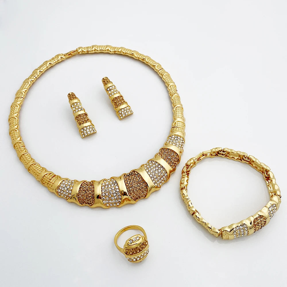 Juego de joyas de Dubái para mujer chapado en oro de 18 quilates, lujoso conjunto de collar, pendientes, pulsera y anillo, joyería para fiesta de boda, tendencia
