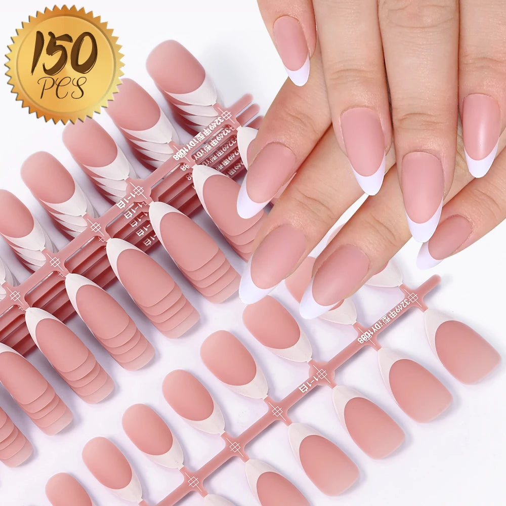 150/100/24Pcs Pink Matte French Press On Nail Tips Soft Full Cover Fake Nails Oval Almond False Nails Natural Extension Manicure