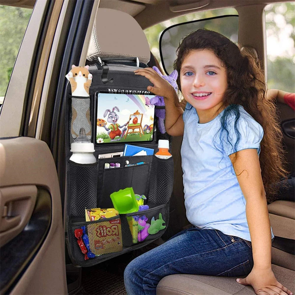Organizador de respaldo de asiento de coche con soporte para tablet de pantalla táctil, bolsillos de almacenamiento automáticos, protectores de respaldo de asiento de coche para viajes de niños