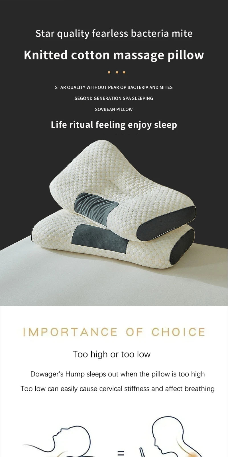 Almohada cervical para el cuello que ayuda a dormir y protege el cuello, almohada de masaje SPA ortopédica para el hogar de fibra de soja para dormir, novedad.