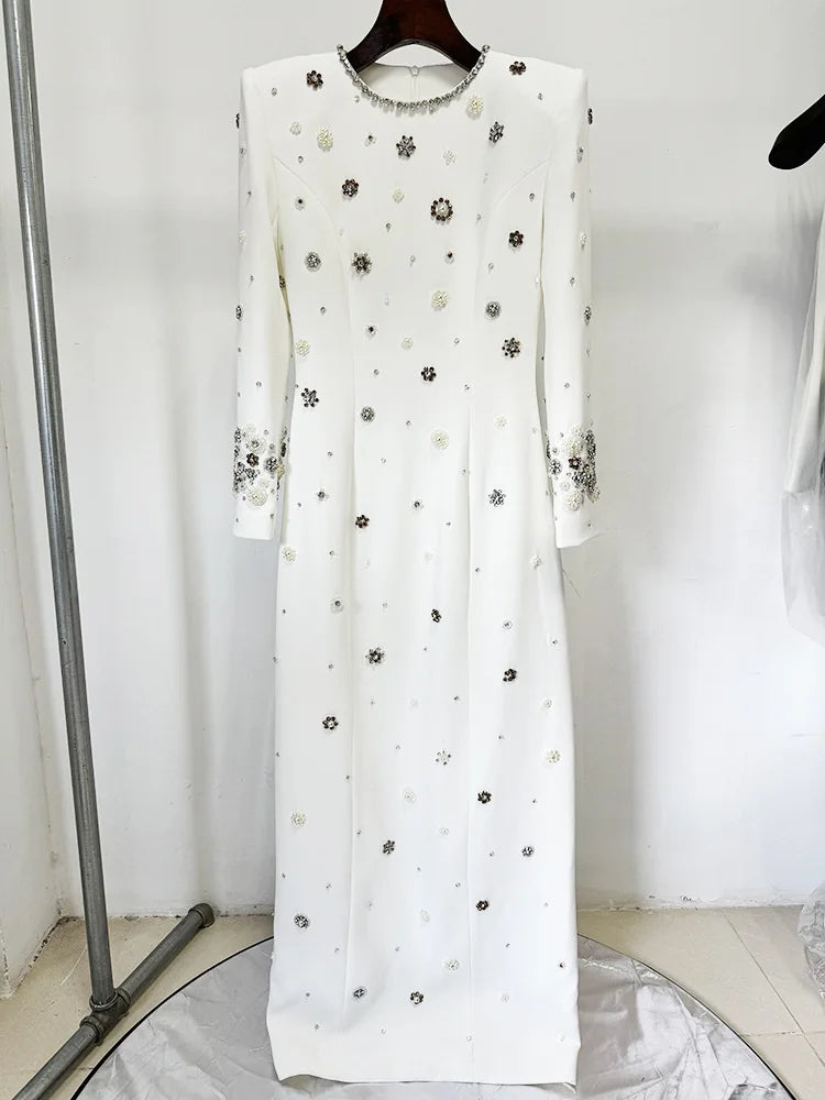 HIGH STREET Última Moda Diseñador Fiesta Vestido Formal Mujer Manga Larga Lujoso con Cuentas Vestido Largo Maxi