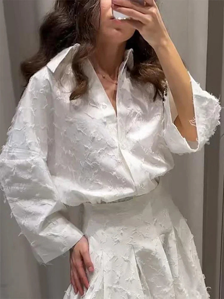 Conjunto de Falda Larga y Camisa con Borlas de Verano para Mujer Elegante Blanco Suelto Cintura Alta Plisada Maxi Faldas Trajes 2025 Ropa de Calle para Oficina