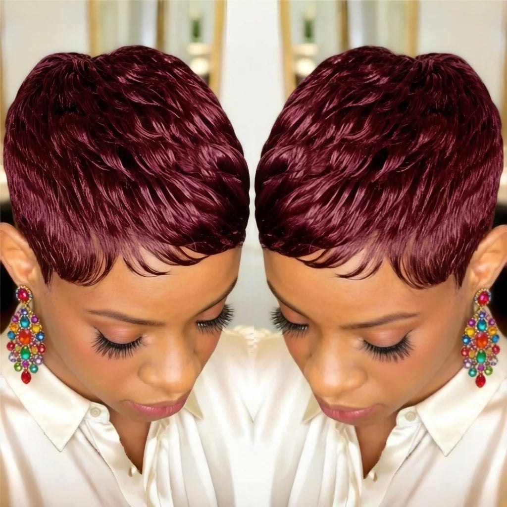 Short Pixie Cut Wigs Short Black full machine made Wig With Bangs Human Hair Pixie Wig for Women Pixie Cut Wigs Layered Hair Wig