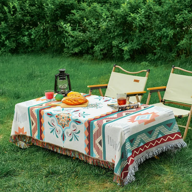 Mantel rectangular colorido estilo bohemio de tela de algodón y lino, mantel de decoración para camping al aire libre con diseño geométrico simple
