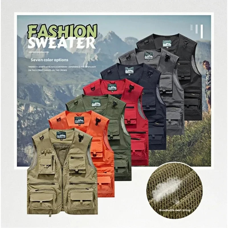 Chaleco de hombre, verano, casual, para fotografía, pesca, chaleco multibolsillos, de ocio al aire libre, para montañismo, sin mangas, con cuello en V, logotipo personalizado