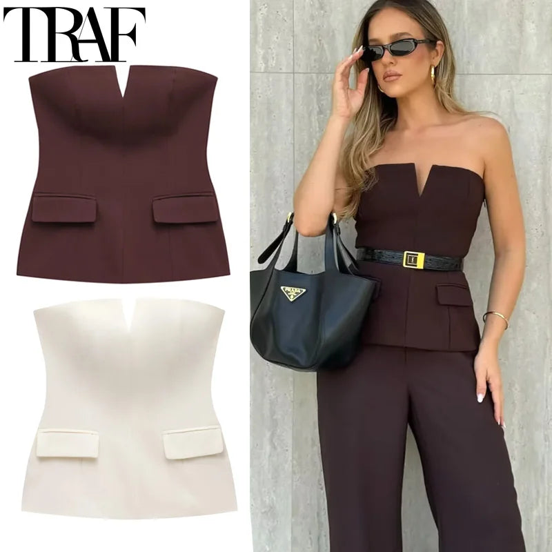 TRAF Tops For Women Strapless Off White Crop Top Woman Summer Corset Tube Tops Sexys Backless Tank Top Sleeveless Solid Tops