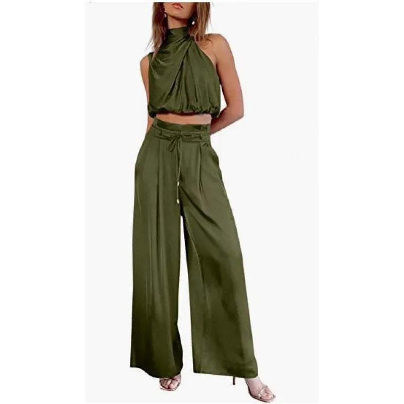 Ensemble deux pièces pour femme, pantalon ouvert au nombril, haut sans manches en soie plissée, pantalon large, ensemble assorti d'été 2024
