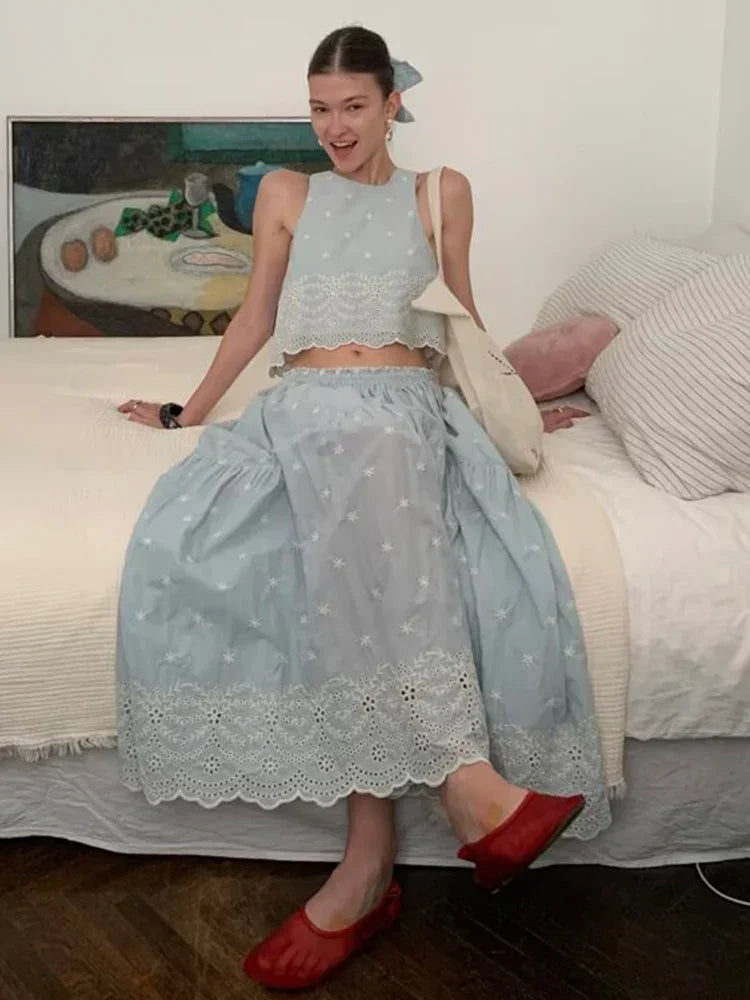 Sleeveless Top Skirt Two Pieces Matching Set for Women Light Blue Vintage Skirt Set French Style Embroidery Cotton Dress Set