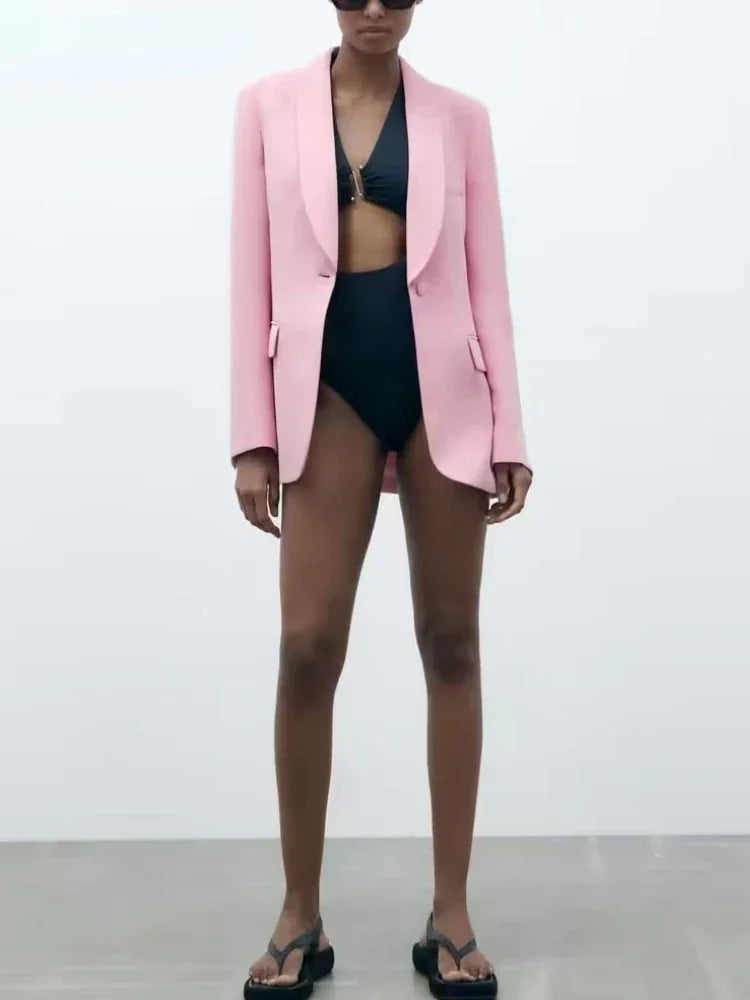 Dameblazer Ny Vår Elegant Uformell Kontordame Rosa Jakke Kåpe Mote Høy Liv Løse Vide Benbukser Buksedress