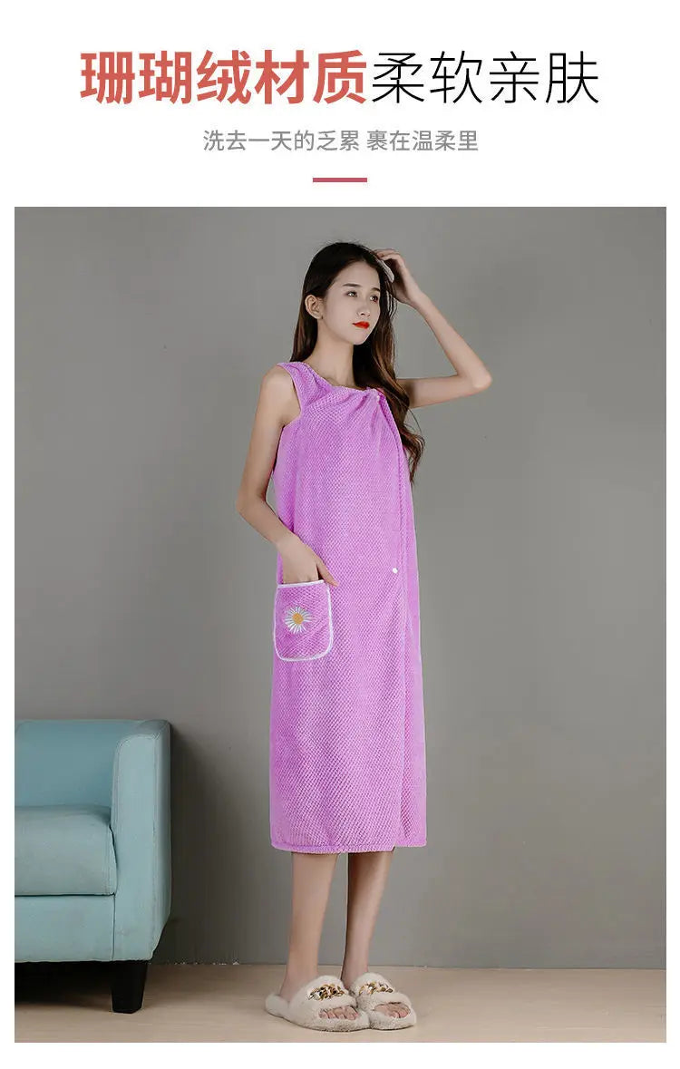 Toalla de baño para el hogar, ropa de mujer, adultos, absorbente de agua, de algodón puro, para secar el cabello, falda, estilo largo, bata de baño lavable
