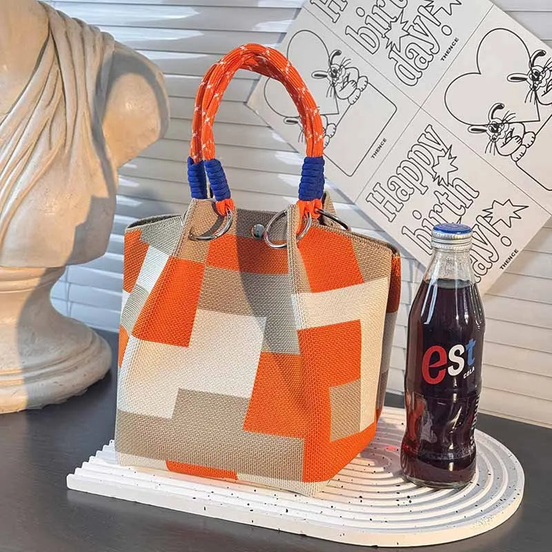 Metal Ring Handbag Fashionable Women'S Bucket Bag Knit Tote Bag Spacious Color Block Handbag For Leisure Travel Daily Commuting