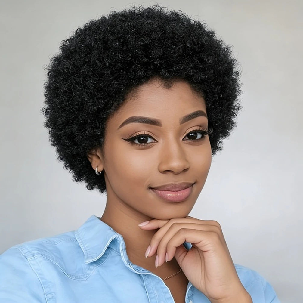 Peluca Afro Kinky Rizada con Onda 150% Densidad 6 Pulgadas Pixie Cut Peluca Afro Kinky Rizada de Cabello Humano para Mujeres Peluca Completamente Hecha a Máquina