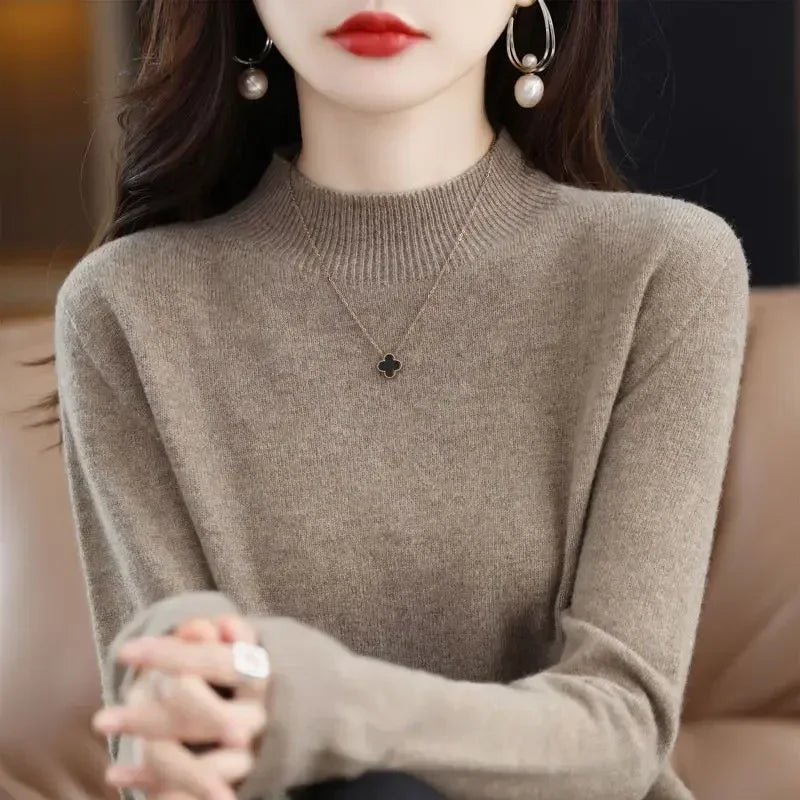 Suéter de mujer otoño invierno, camisas base cálidas casuales, cuello simulado, tejido básico, jerséis de manga larga, moda coreana